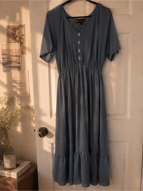 V-Neck Dusty Blue Button-Front Maxi Dress